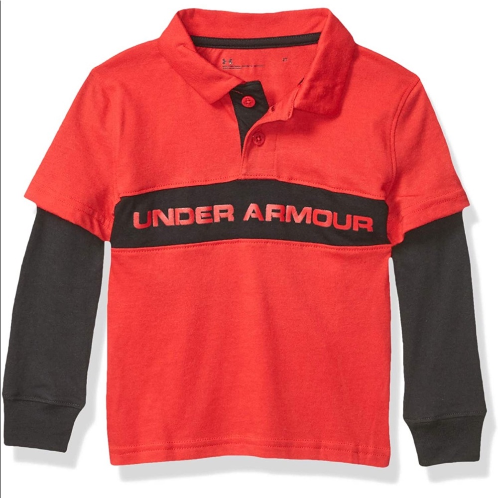 NWT Under Armour Boys' UA Stripe LS Polo Red Black 5 Long Sleeve